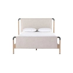 Minimalist Modern Upholstered Bed Frame Beige Fabric Wood Metal Accents