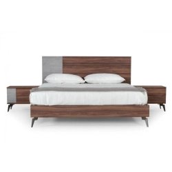Modern Wood Platform Bed with Integrated Nightstands and Grey Accent Headboard