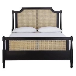 Elegant Wooden Bed with Cane Panels and Classic Design
