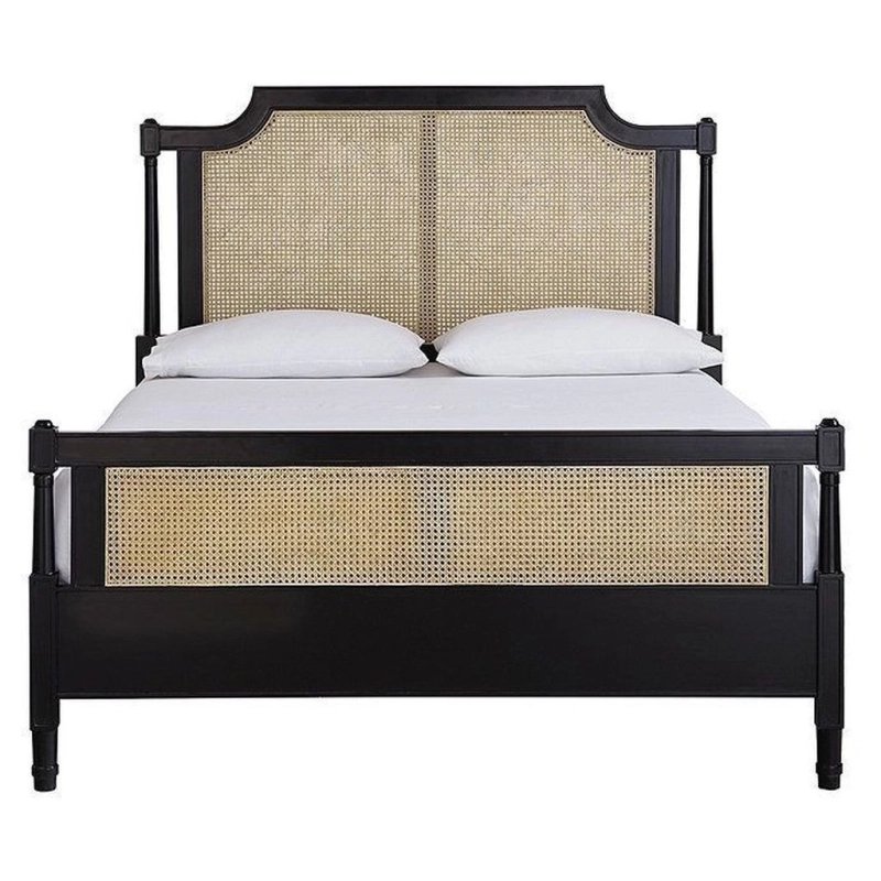 Elegant Wooden Bed with Cane Panels and Classic Design Elegant Wooden Bed with Cane Panels and Classic Design