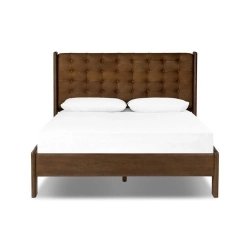 Elegant Brown Tufted Leather Headboard Solid Wood Bed Frame