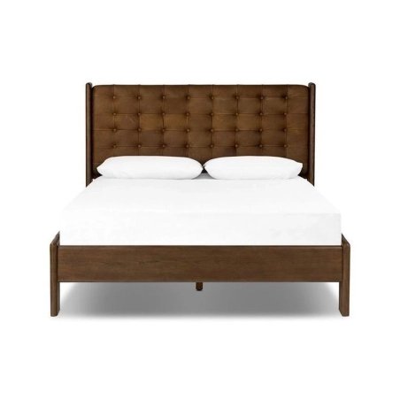 Elegant Brown Tufted Leather Headboard Solid Wood Bed Frame
