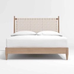 Modern Minimalist Wood Bed Frame with Woven Headboard for Bedroom