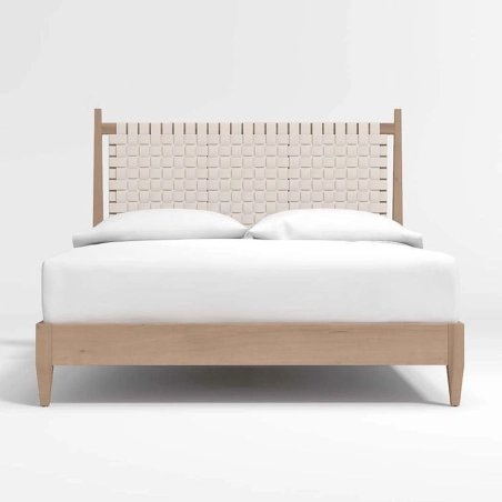 Modern Minimalist Wood Bed Frame with Woven Headboard for Bedroom