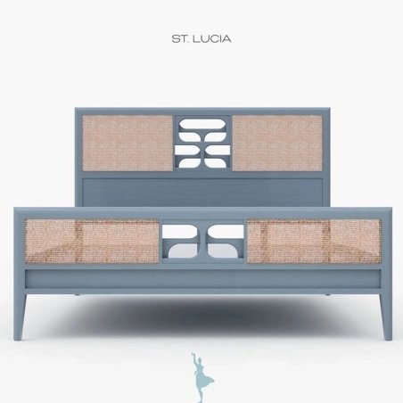 Coastal Transitional Wood Rattan Cane Queen Bed Frame