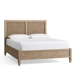 Natural Wood Bed Frame with Rattan Cane Headboard