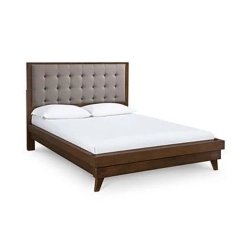 Mid-Century Modern Wooden Bed Frame with Tufted Upholstered Headboard