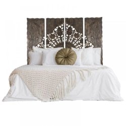 Intricately Carved Dark Wood Bed Headboard with Bed Frame