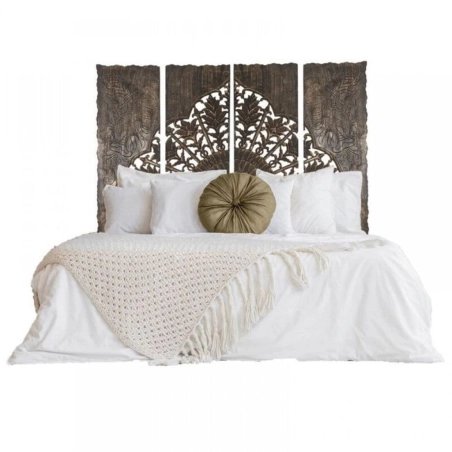 Intricately Carved Dark Wood Bed Headboard with Bed Frame
