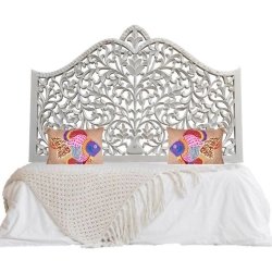 Exquisite Carved Wood Bed Headboard White Finish