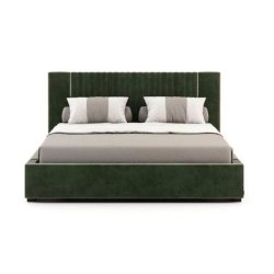Modern Green Upholstered Bed Frame with Vertical Channel Headboard and Gold Accents