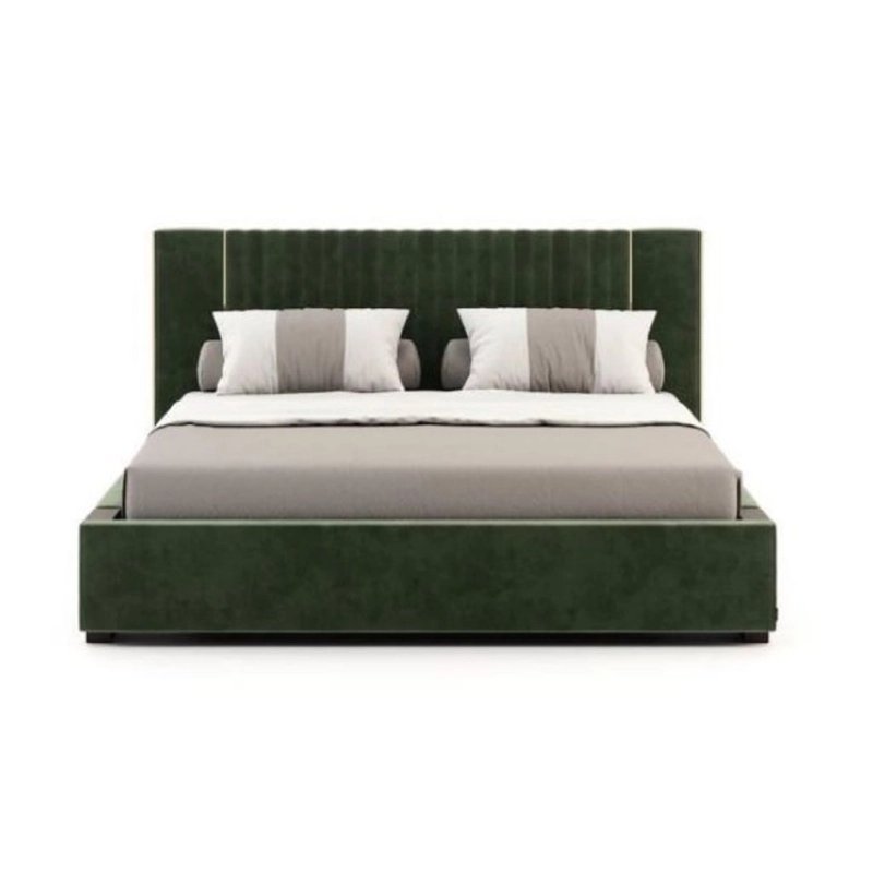 Modern Green Upholstered Bed Frame with Vertical Channel Headboard and Gold Accents Modern Green Upholstered Bed Frame with Vertical Channel Headboard and Gold Accents