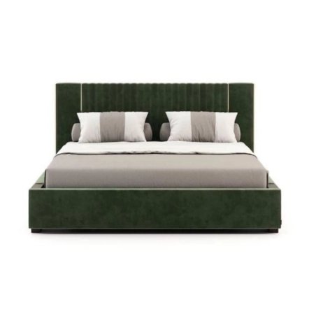 Modern Green Upholstered Bed Frame with Vertical Channel Headboard and Gold Accents