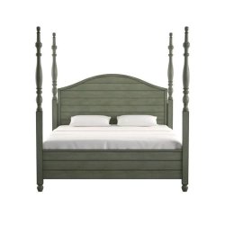 Elegant Wooden Four Poster Bed Frame in Distressed Sage Green