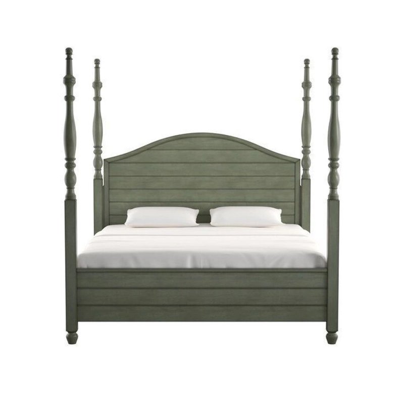 Elegant Wooden Four Poster Bed Frame in Distressed Sage Green