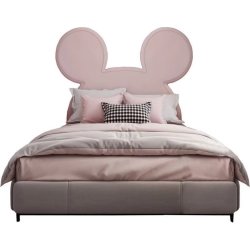 Kids Upholstered Bed with Unique Ear-Shaped Headboard, Pink and Grey