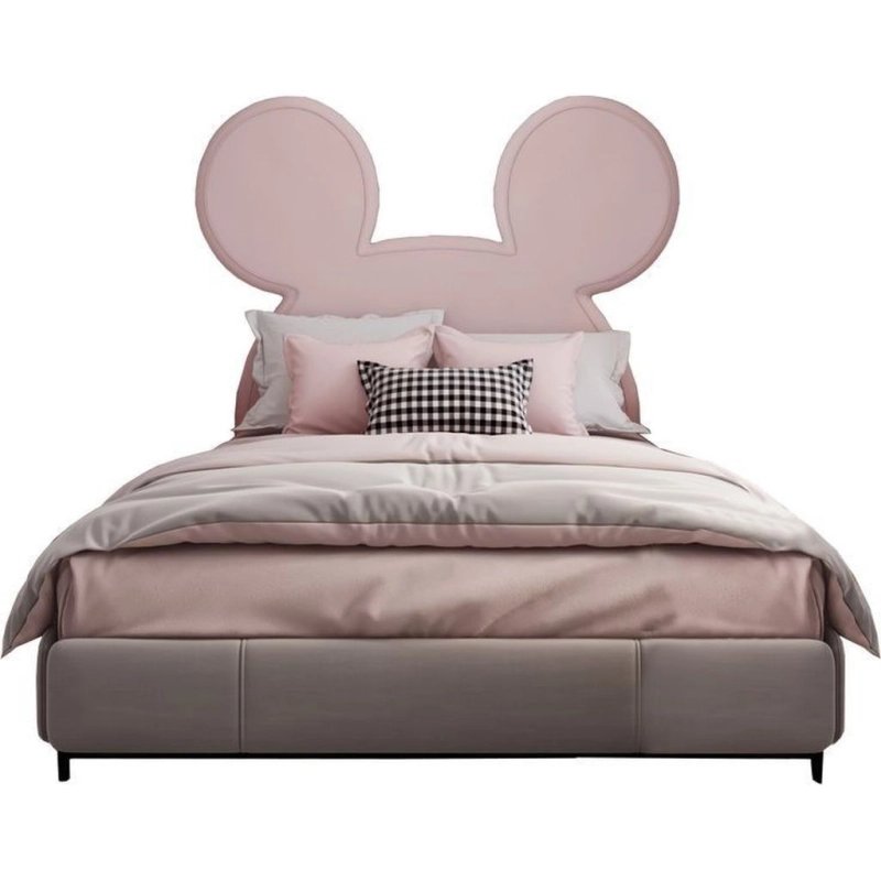 Kids Upholstered Bed with Unique Ear-Shaped Headboard, Pink and Grey Kids Upholstered Bed with Unique Ear-Shaped Headboard, Pink and Grey