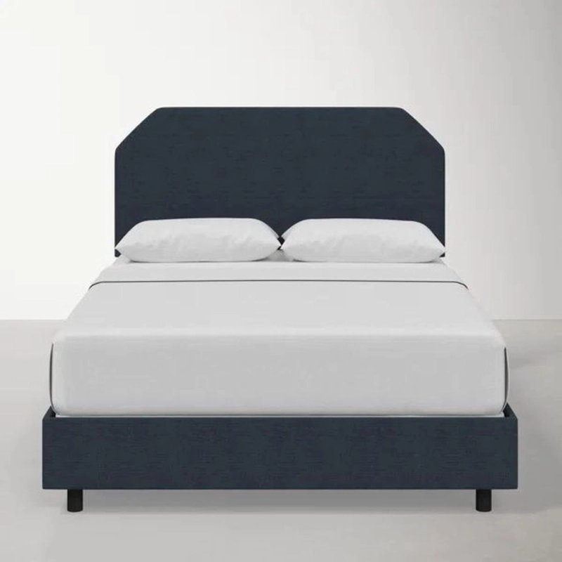 Modern Navy Blue Upholstered Bed Frame with Headboard