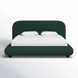 Luxe Upholstered Platform Bed with Rounded Headboard - Deep Green Fabric