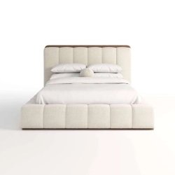 Modern Minimalist Upholstered Platform Bed with Wood Trim Headboard