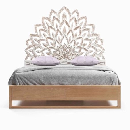 Bohemian Carved Mandala Wooden Bed Frame with Storage Drawers