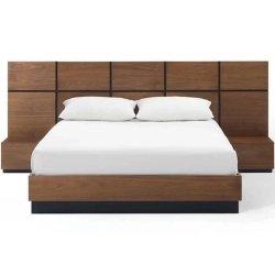 Modern Minimalist Wooden Bed with Integrated Headboard and Nightstands