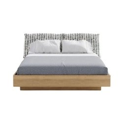 Modern Wood Platform Bed with Patterned Fabric Headboard