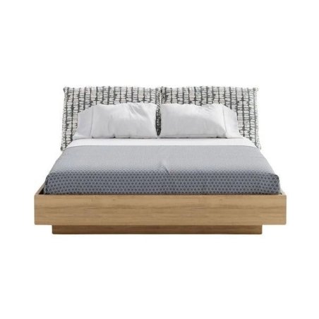 Modern Wood Platform Bed with Patterned Fabric Headboard