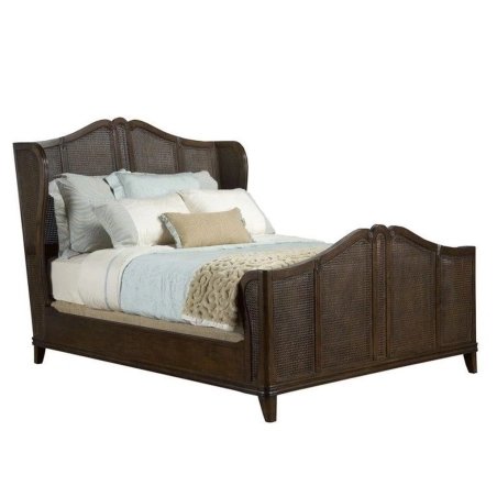 Dark Brown Wood and Rattan Bed Frame