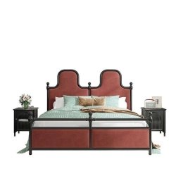 Contemporary Metal Platform Bed with Upholstered Headboard and Nightstands