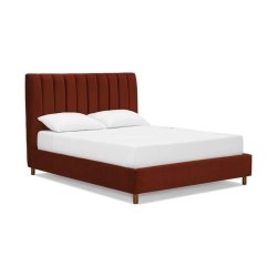 Modern Burnt Orange Velvet Upholstered Channel Tufted Platform Bed Frame