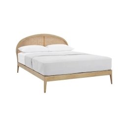 Mid-Century Modern Wood Bed Frame with Rattan Headboard