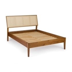 Mid-Century Modern Solid Wood Bed with Rattan Headboard