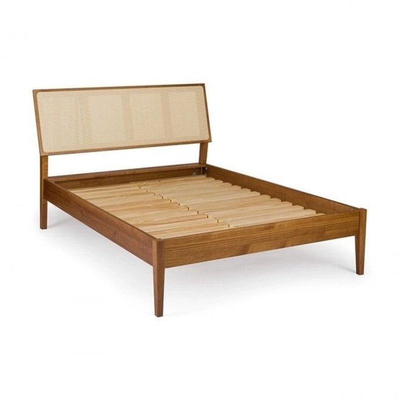 Mid-Century Modern Solid Wood Bed with Rattan Headboard Mid-Century Modern Solid Wood Bed with Rattan Headboard
