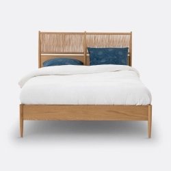 Minimalist Solid Wood Bed Frame with Woven Rattan Headboard | Natural Finish