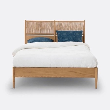 Minimalist Solid Wood Bed Frame with Woven Rattan Headboard | Natural Finish