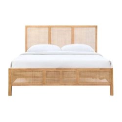 Modern Coastal Natural Wood Rattan Queen Bed Frame