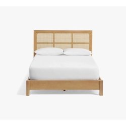 Modern Minimalist Wooden Bed Frame with Rattan Headboard