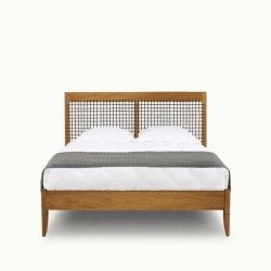 Modern Wooden Bed Frame with Rattan Grid Headboard