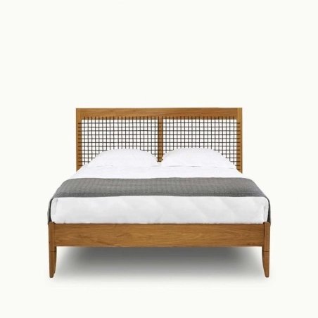 Modern Wooden Bed Frame with Rattan Grid Headboard