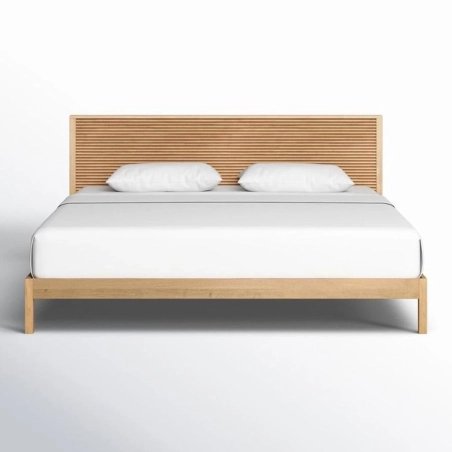 Modern Solid Wood Bed Frame with Slatted Headboard