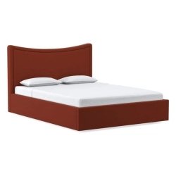 Modern Rust Red Fabric Upholstered Platform Bed with Curved Headboard