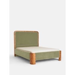 Art Deco Modern Sage Green Velvet Upholstered Bed with Burl Wood Accent