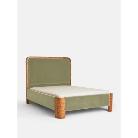 Art Deco Modern Sage Green Velvet Upholstered Bed with Burl Wood Accent