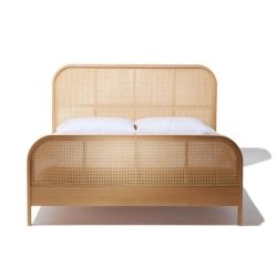 Mid-Century Modern Wooden Rattan Bed Frame with Rounded Headboard