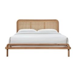 Minimalist Wooden Bed Frame with Rattan Headboard Queen Size