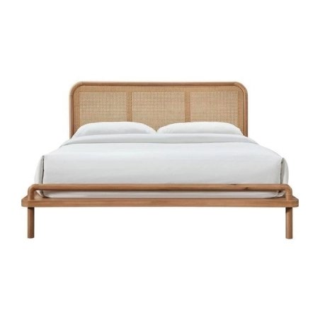 Minimalist Wooden Bed Frame with Rattan Headboard Queen Size
