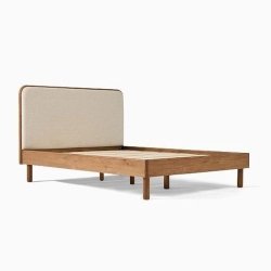 Modern Solid Wood Bed Frame with Fabric Upholstered Headboard