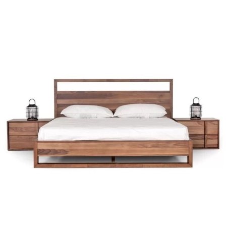 Modern Solid Wood Platform Bed with Floating Nightstands and Drawers