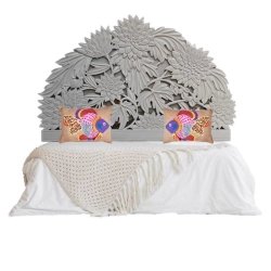 Hand Carved Grey Wood Floral Bed Headboard | Ornate Bedroom Furniture